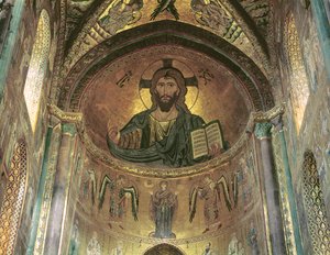 Ansicht der Apsis, die Christus Pantokrator und die betende Jungfrau umgeben von Erzengeln darstellt, 1148 (Mosaik) von Byzantine School